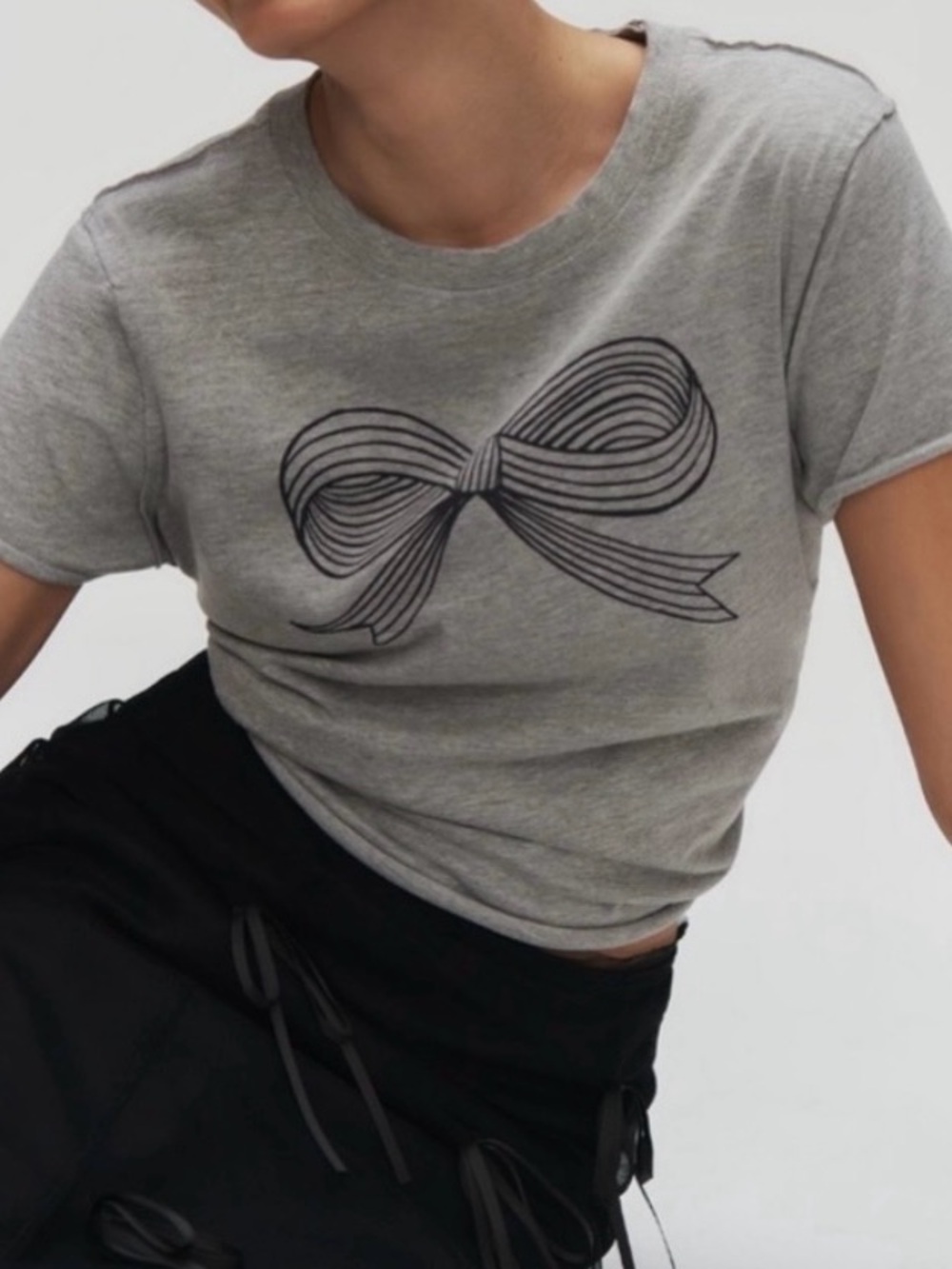 Anthropologie Maeve Roomytown Gray Bow Coquette Soft Girl Cottage Boxy Tee XS